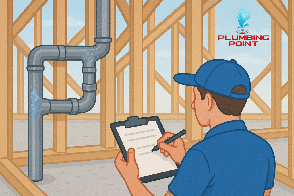 A plumber in a blue uniform and cap is inspecting gray PVC pipes inside a wooden-frame building under construction. He is writing on a clipboard while standing on a concrete floor. The background features blue skies and structured wooden beams. A blue Plumbing Point Inc logo is visible in the top right corner.