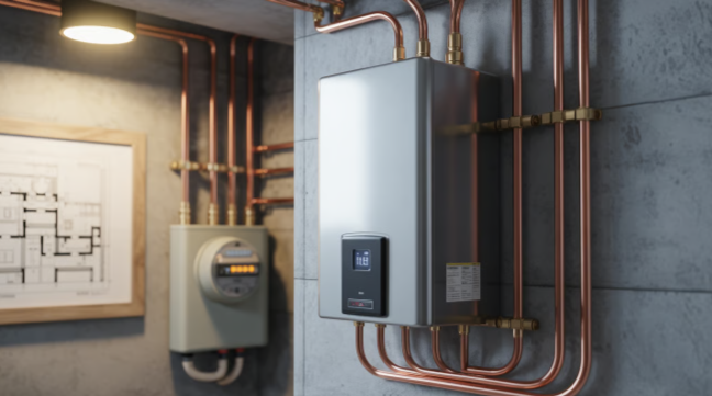 A tankless water heater mounted on a wall